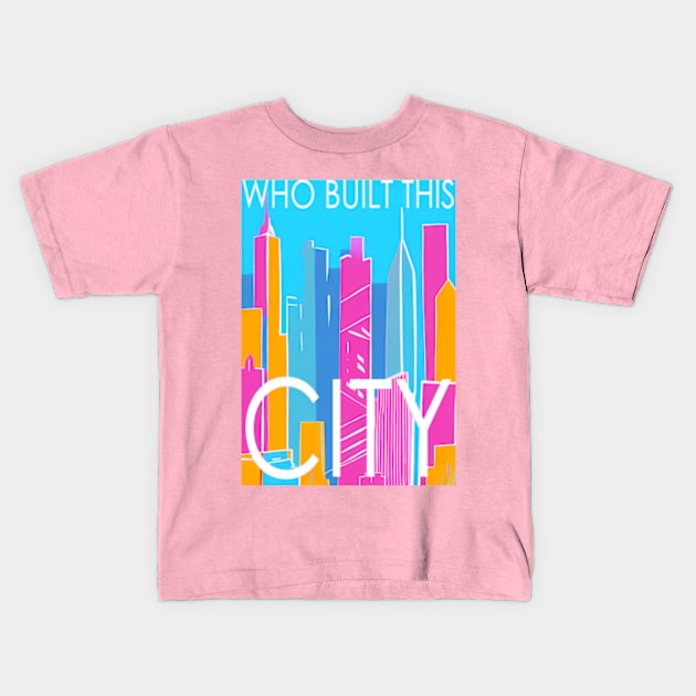 Who built this city! , Skyline in the sea border, pastel color, pink, cyan, chalk art Kids T-Shirt by AISHOPPE